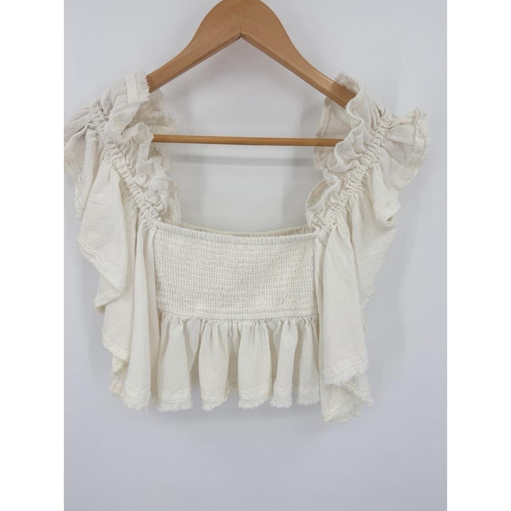 Free People Smocked Ivory Crop Top Blouse Flowy Sz XS Raw Hem Boho Festival - Picture 2 of 7